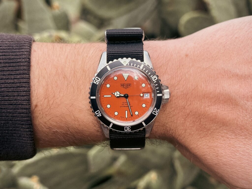 Heuer 1000 orange dial 980.014L on the wrist